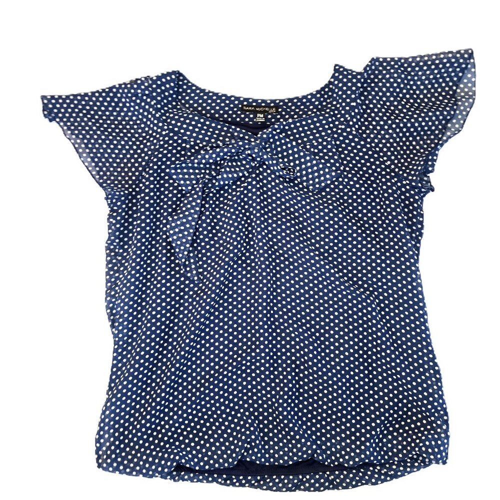 Sara Michelle Blue and White Flutter Sleeve Blouse with Tie Front
